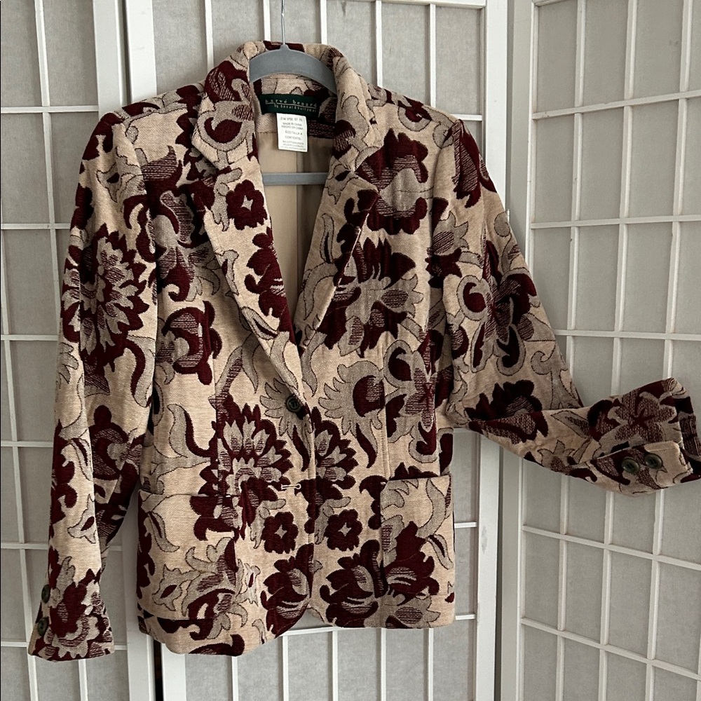 Vintage Burgundy and Cream Floral Tapestry Fitted Blazer